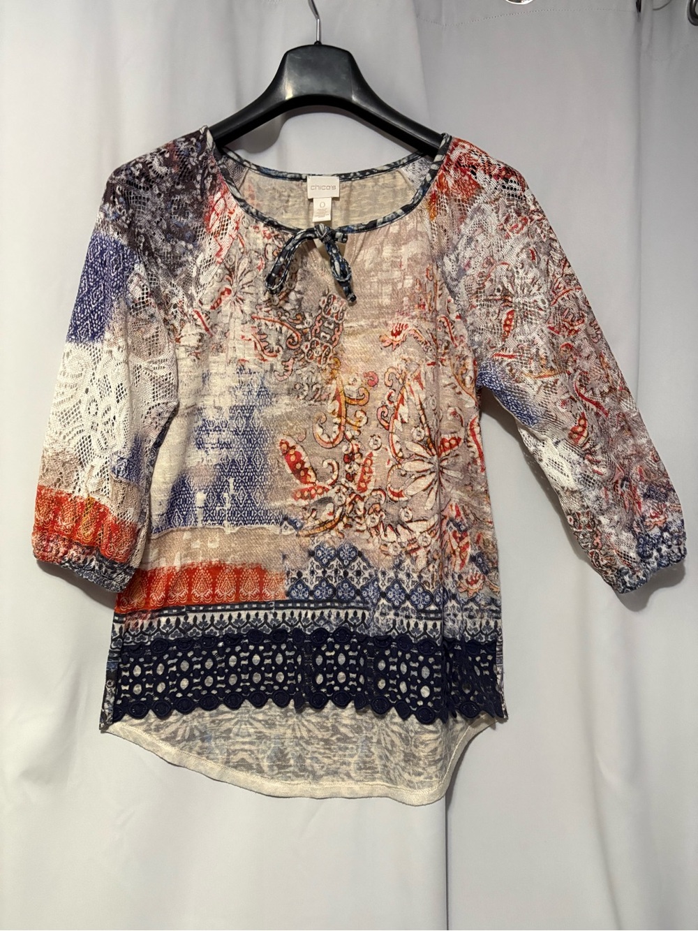Chico's Multicolor Printed Peasant Blouse - Navy/Red/Cream
